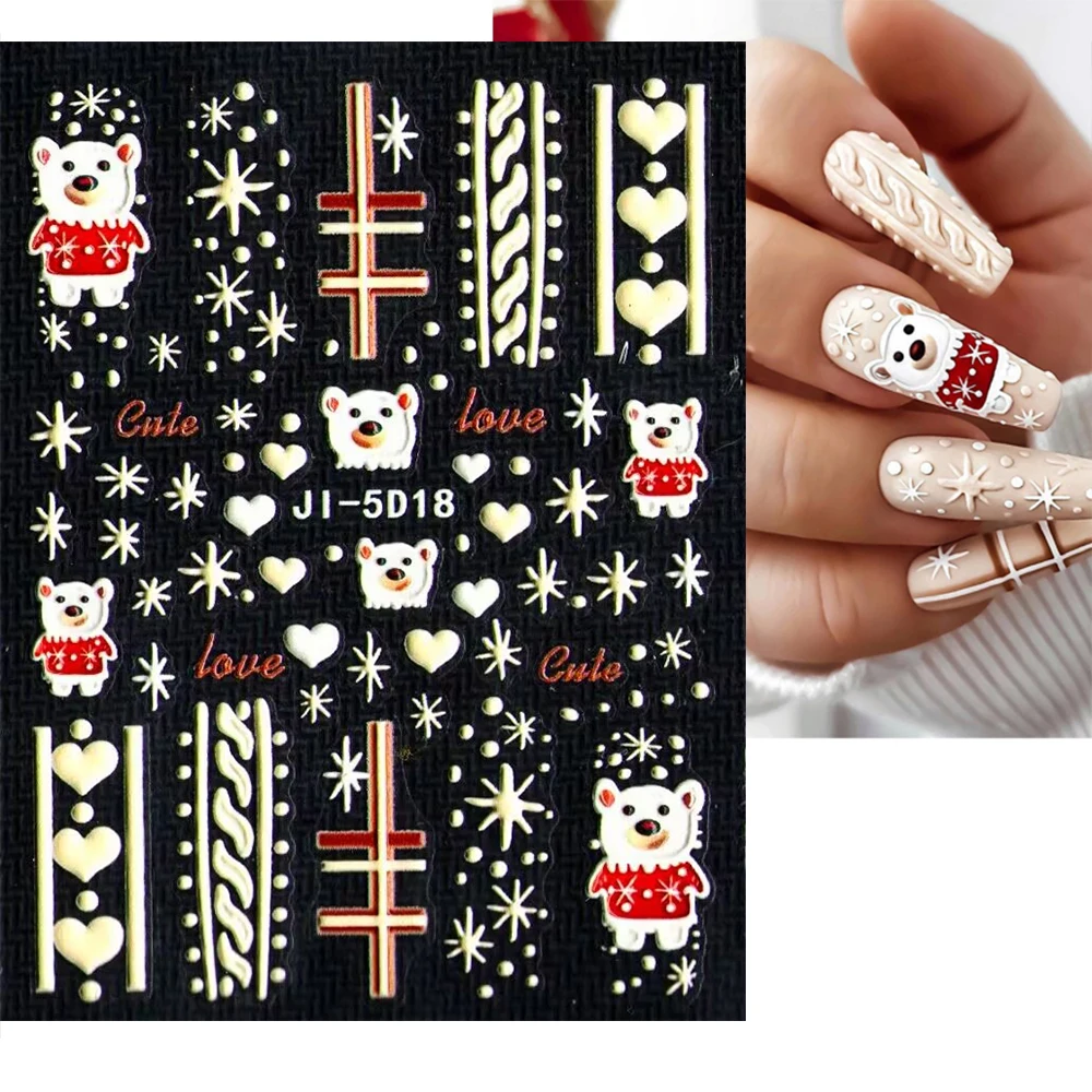 

5D Christmas Cute Sweaters Bears Nails Stickers Embossed Dimensional Snowflake Nail Art Decals Acrylic Flower Manicure Sliders #