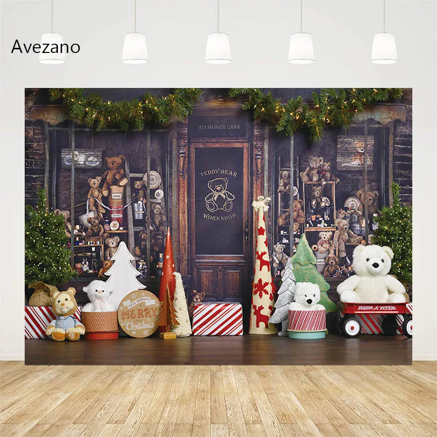 Avezano Christmas Backdrops for Photography Vintage Wood Toy Bears Shoppe Kids Portrait Background Photo Studio Decor Photoshoot