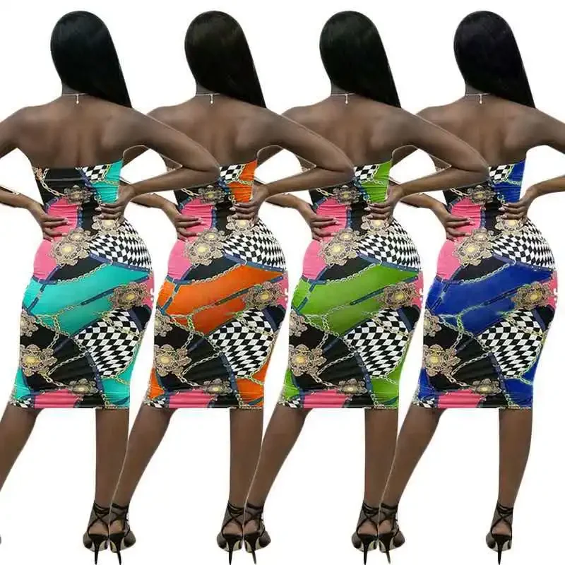 Сексуальный принт без бретелек летние платья средней длины женская одежда оптом