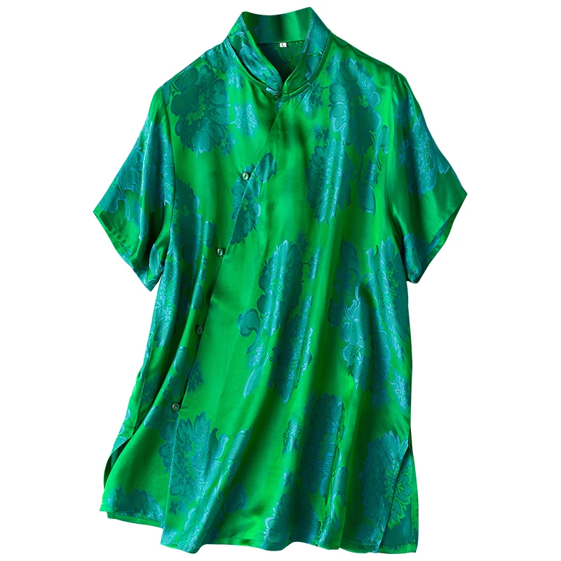 

Natural Silk New 2022 Summer Thin High Quality Luxurious Jacquard Chinese Style Floral SATIN Ladies Tops Short Sleeve