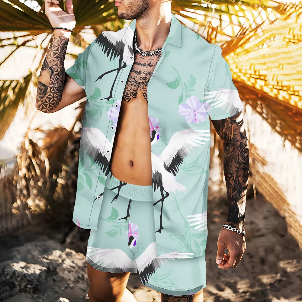 

Men's shirts spring and summer 2022 new hot sale 3d printing style comfortable trend red-crowned animal cute crane