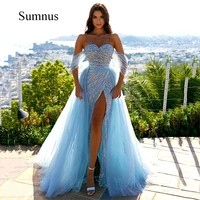 sumnus sky blue off shoulder mermaid sequined evening prom dress for women sexy sweetheart high slit party gown detachable train