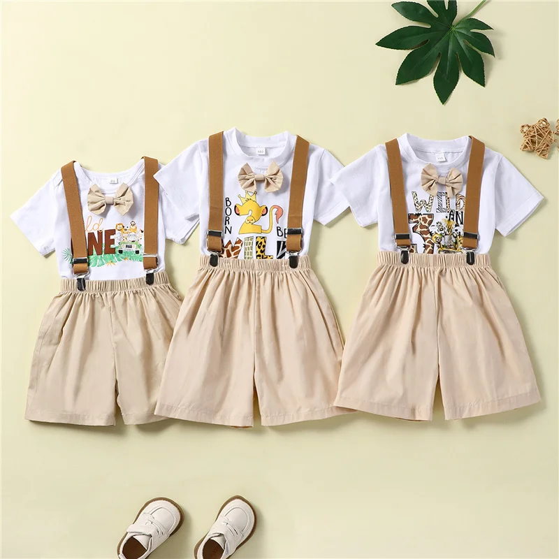 

Baby Boys Birthday Outfits, Short Sleeve Cartoon Letter Print Bowtie T-shirt / Romper + Suspender Shorts Set 6Months-4Years