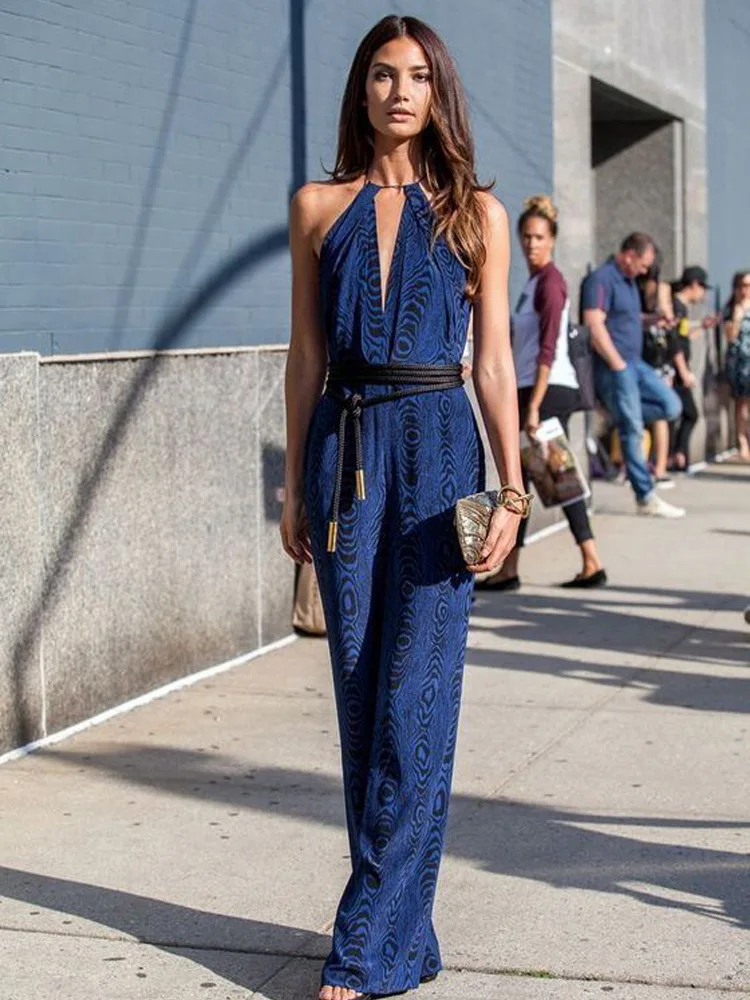 

2022 Summer Women's High Waist Blue Straight Casual Jumpsuits Long Pants Sleeves Show Thin Hanging Neck Backless Jumpsuits