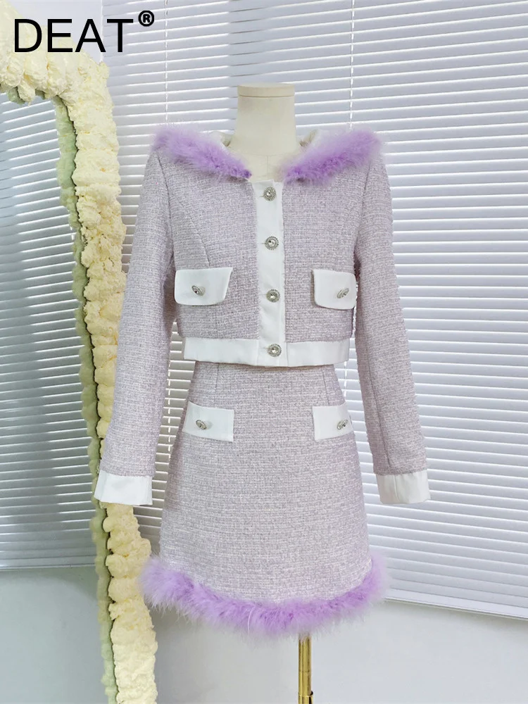

DEAT High End Single Breasted 2023 Spring New Ostrich Hair Splicing Wool Short Coat+high Waist Skirt Two Pieces Set WY73414L
