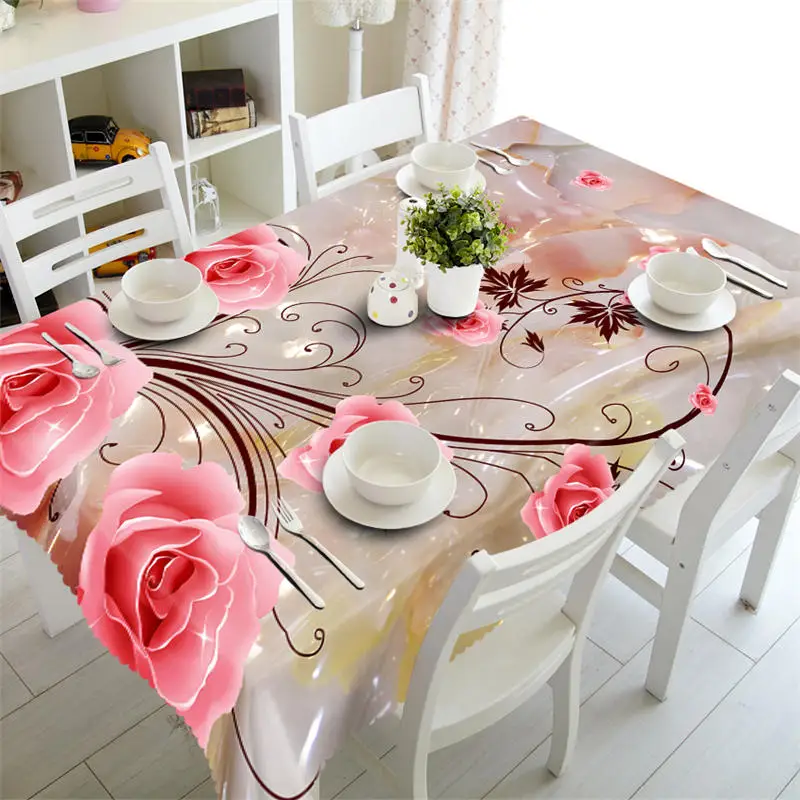 Dresser Tablecloth Waterproof 3D Tablecloth Rectangular Picnic Round Table Covers Customized Size Pink Flower  Cushion Cover