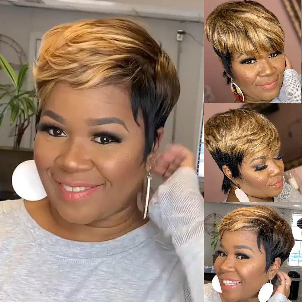 Short Pixie Cut Wigs Synthetic Hair with Bangs Wavy Purple Blonde Black Wig for Women Heat Resistant Bob Wig Female