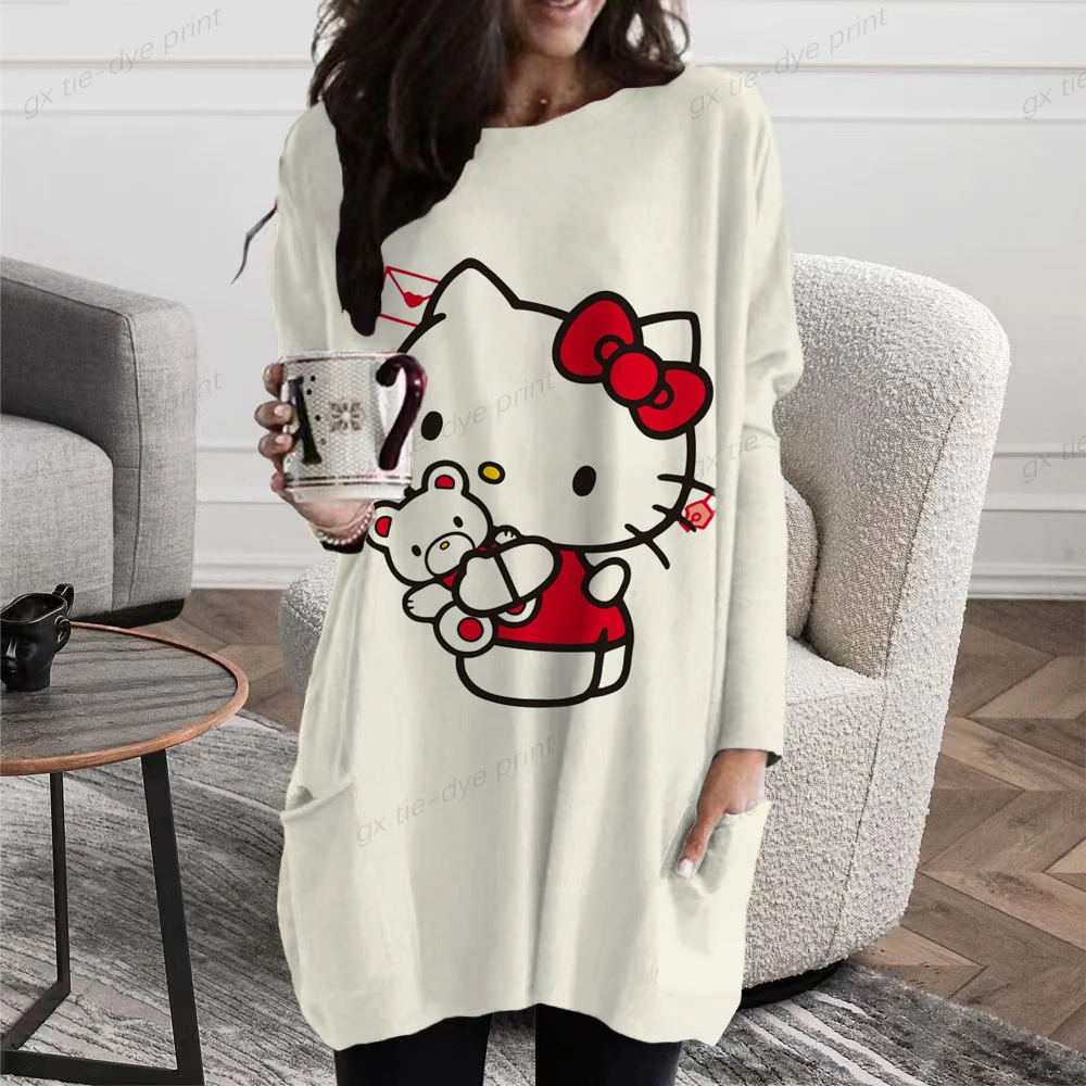

Женская футболка с длинным рукавом, круглым вырезом и принтом Hello Kitty