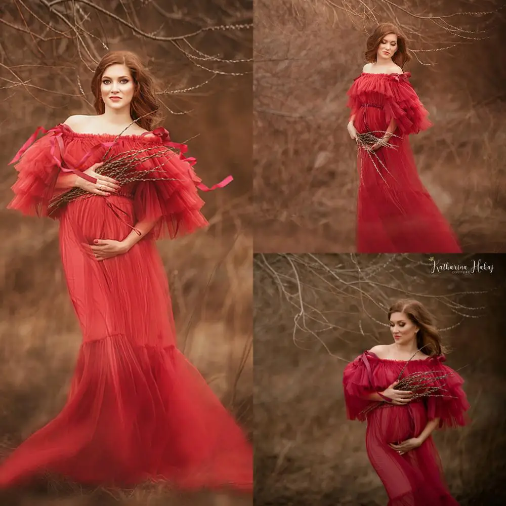 

Pregnancy Maternity Gown Photo Shooting Dresses Off Shoulder Tulle Baby Shower For Photography Custom Made