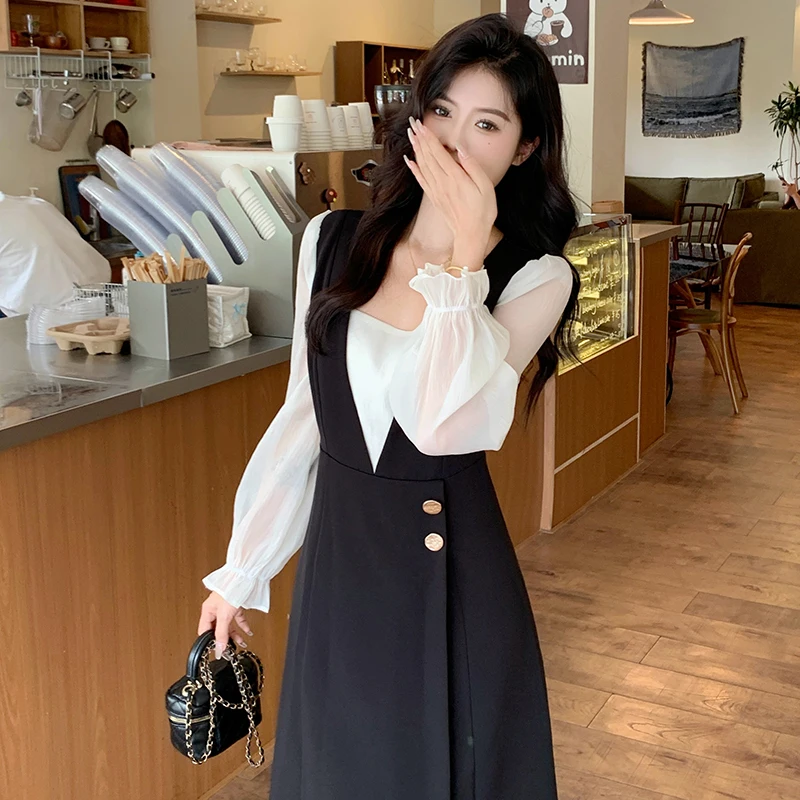 Осень-зима женские искусственные платья из двух частей с квадратным воротником