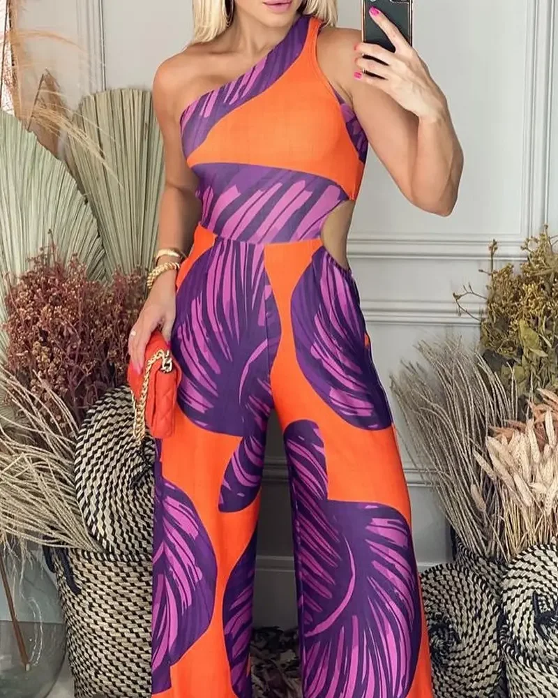 2022 Fashion New Woman Summer One Shoulder Plants Print Wide Leg Jumpsuit Female & Lady Casual Office Elegant Rompers Clothing