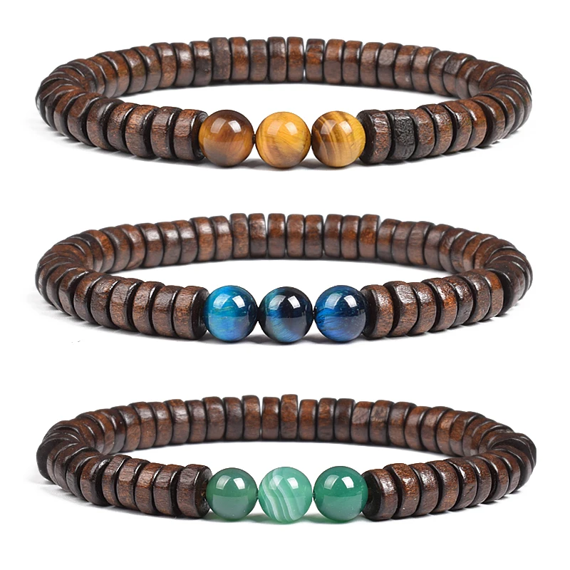 

Cylindrical Wood Beads With Natural Stone Bracelet For Men Women Elastic Rope Jewelry Yellow Tiger Eye Stone And Wooden Bangle