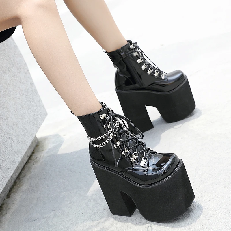 Winter Chain High Heels Women's Boots Square Toe Patent Leather Platform Solid Color Lace Up Black Sexy Ankle Boots Short Bootie