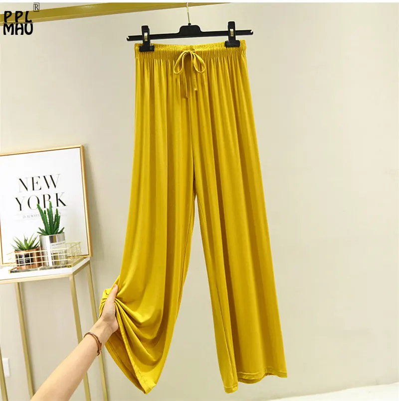 Summer Classic Solid Trousers Women Candy Color Loose Wide Leg Pants Casual Big Size Elastic High Waist Straight Leg Pants