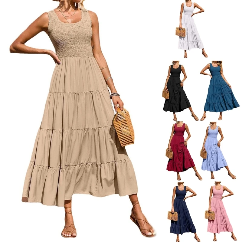 

Ladies Summer Sleeveless Long Dress Loose Flowy Ruffle Hem Pleated Long Dress Off-shoulder Dress for Vacation Seaside