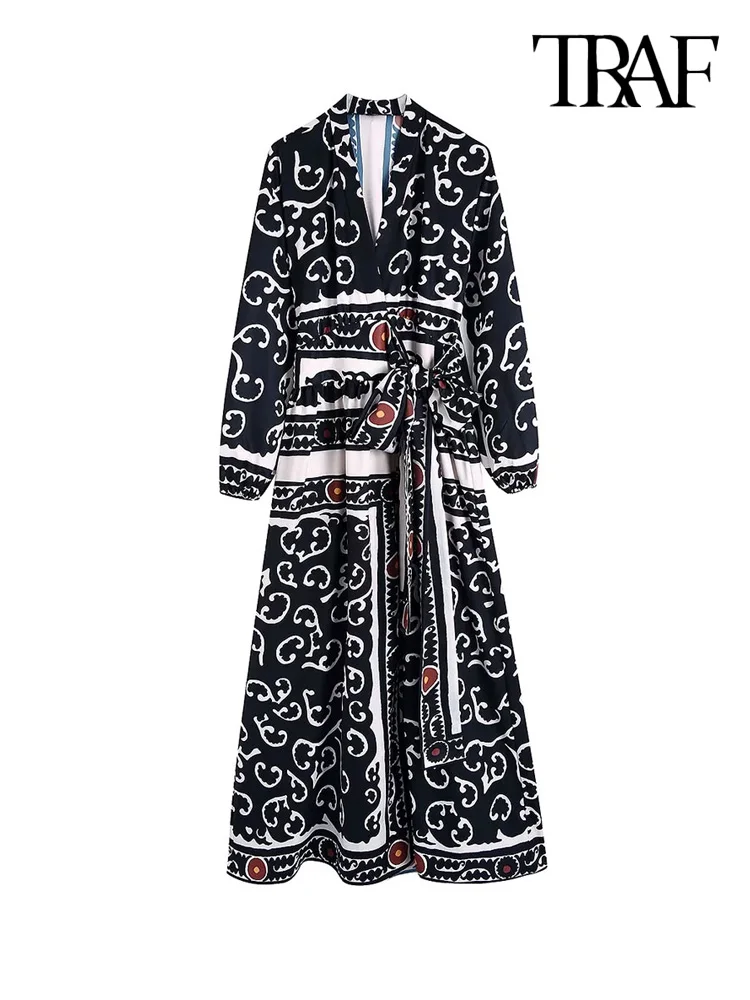 

TRAF Women Fashion With Tied Bow Totem Print Wrap Midi Dress Vintage V Neck Long Sleeve Female Dresses Vestidos Mujer