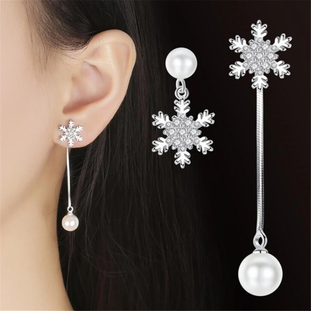 

Luxury Brand Silver Jewelry Asymmetric Fringe Exaggeration Long Drop Earrings Women's Zircon Snowflake Fashion Creative Drops