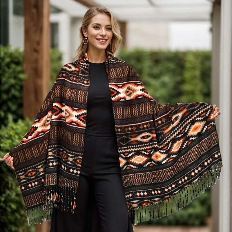 Кашемировый шарф с геометрическим ромбовидным рисунком зимний кисточками шаль