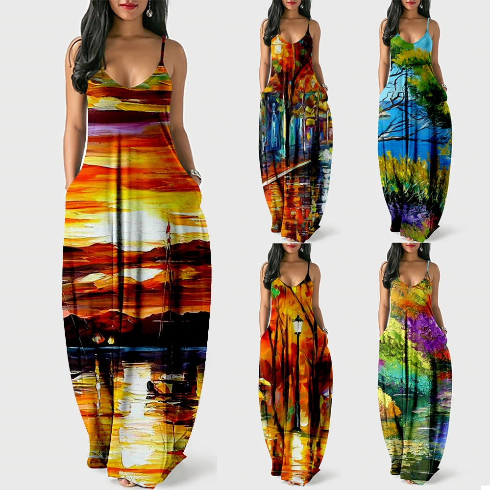 

Summer Women Maxi Dresses Casual Loose Sleeveless Dresses Printing Sexy High Split Ladies Beach Holiday Long Sling Dress