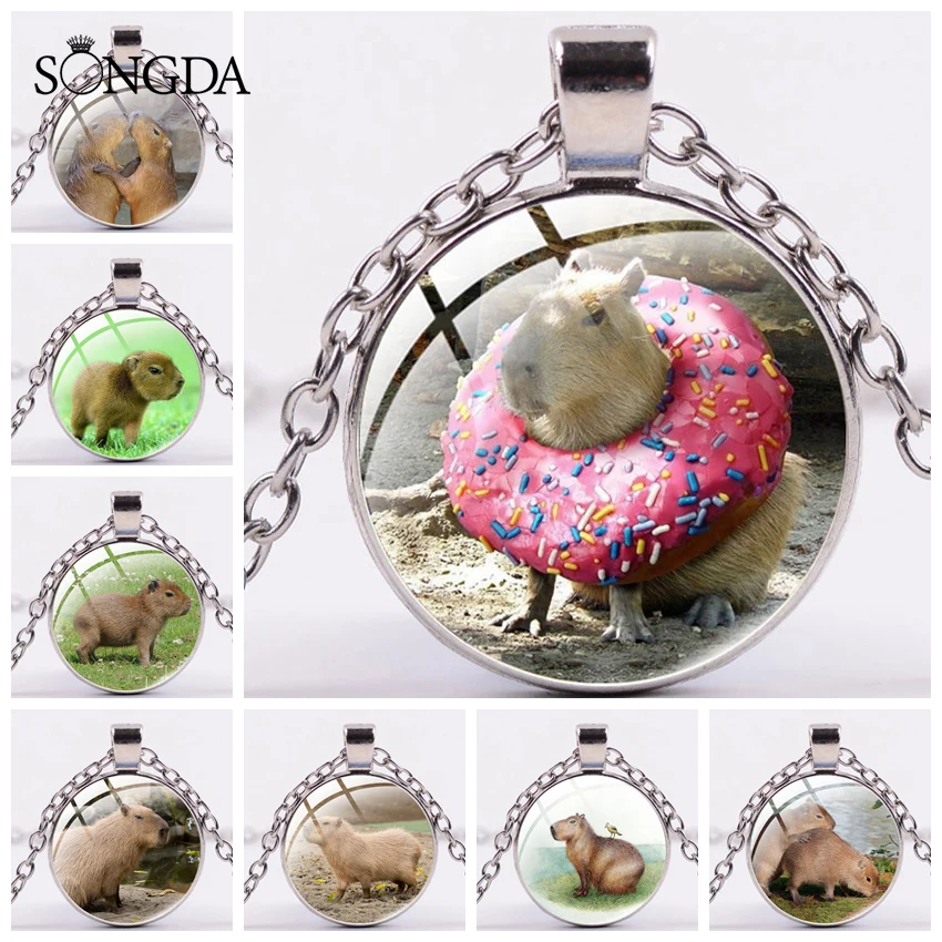 

Creativity Cute Capybaras Necklaces Cartoon Animal Photo Glass Cabochon Pendant Necklaces For Teens Kid Pet Lovers Jewelry Gifts