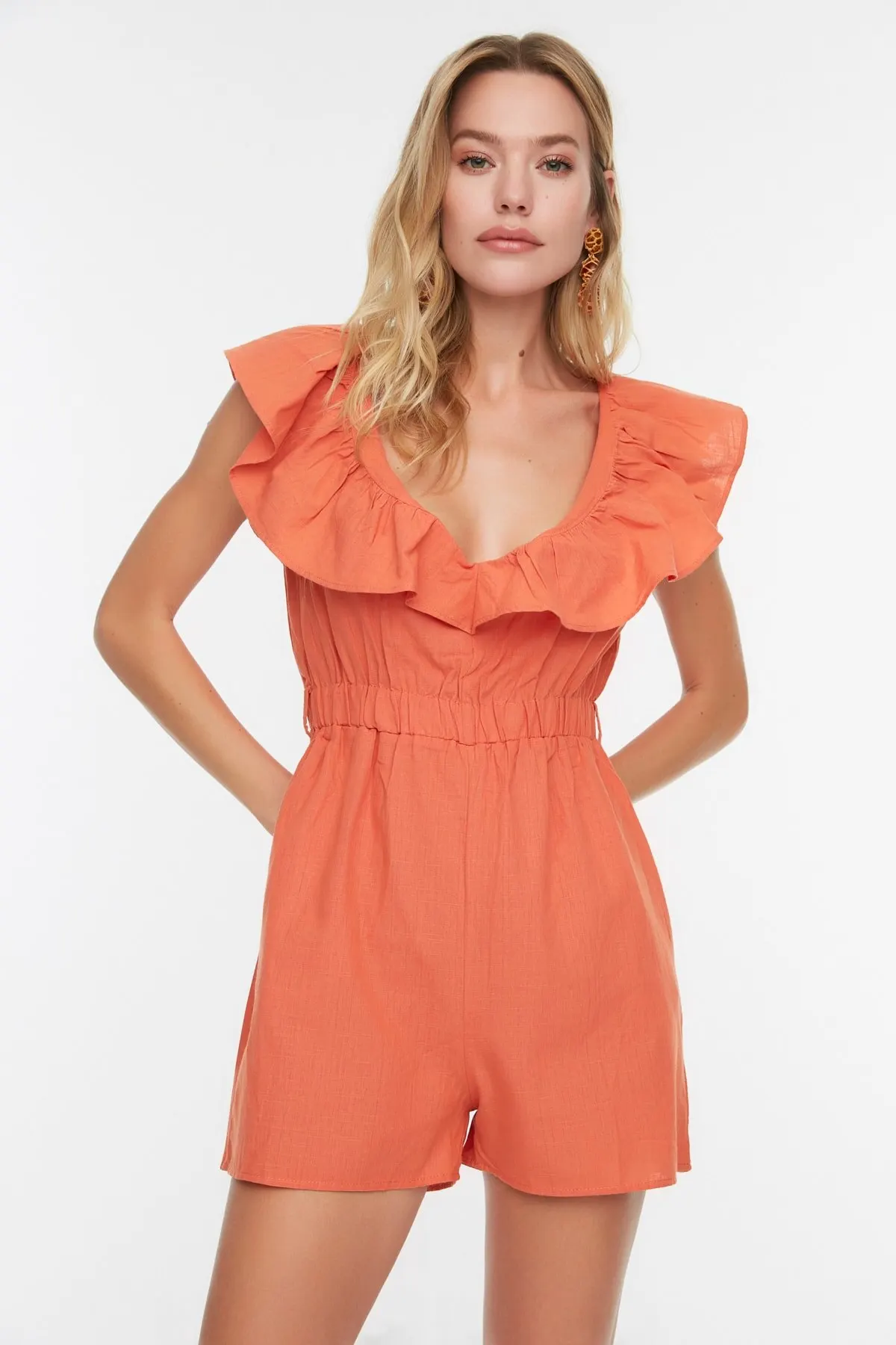 

Women's Overalls Cinnamon Ruffle Detailed Jumpsuit Hot Style Quality Fabric Sleeveless Baggy Trousers Casual Jumpsuit