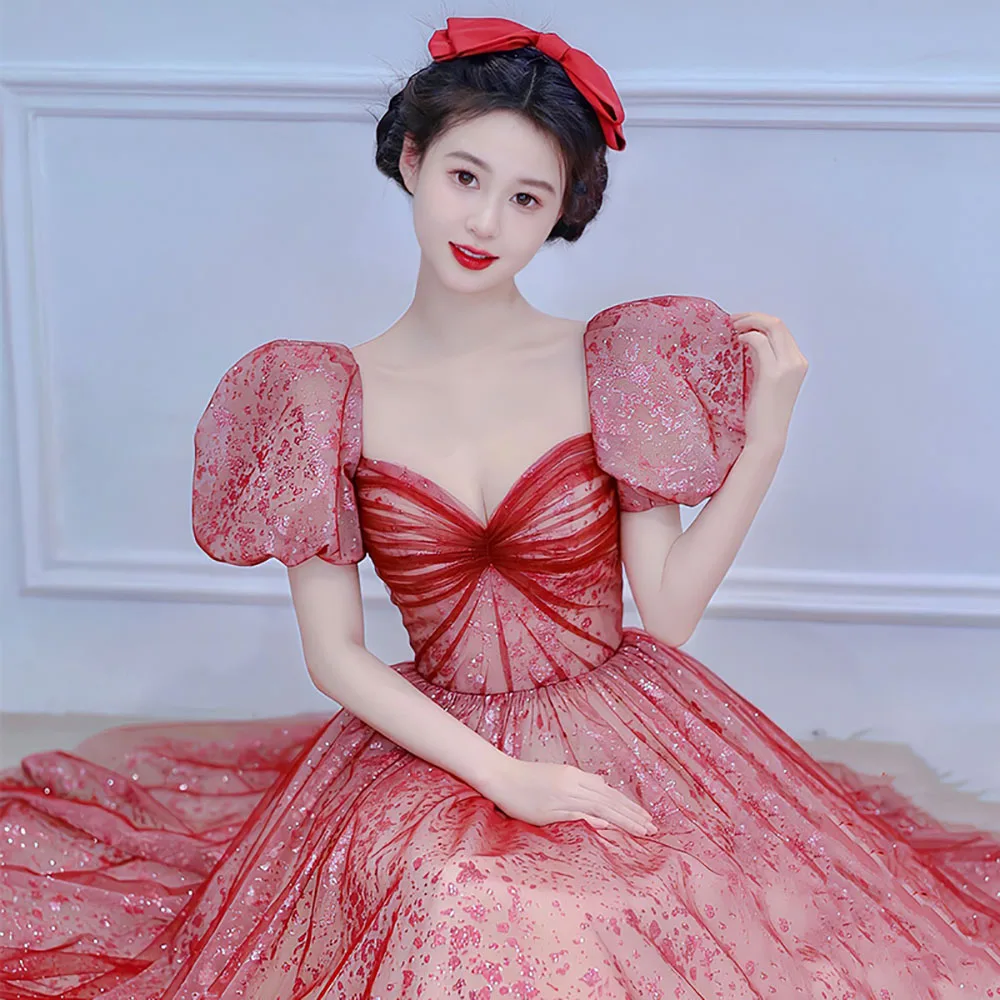 

2022 New Evening Dresses V-Neck Puff Sleeve A-Line Princess Dress Fashion Slim Tulle Long Performance Costumes Sequin Prom Gown