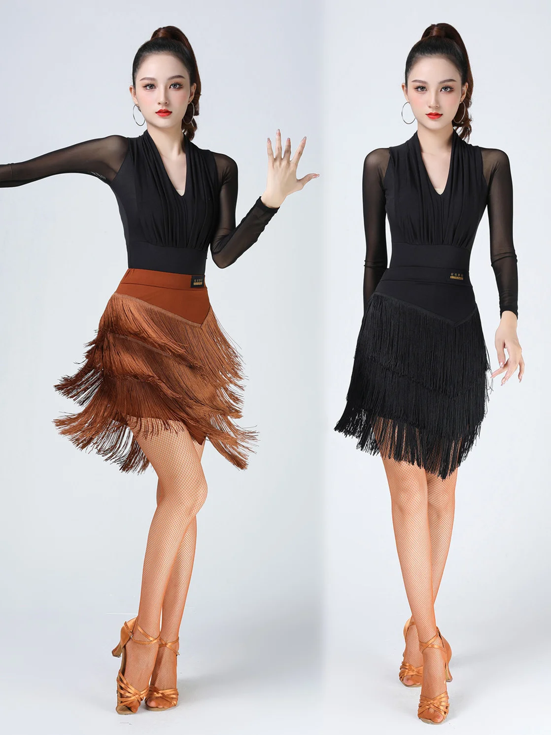

Mesh Patchwork Flamengo Dance Suit Sports Costume Women Latin V Neck Pole Practice Top Tassels Ballroom Cabaret Tango Skirts