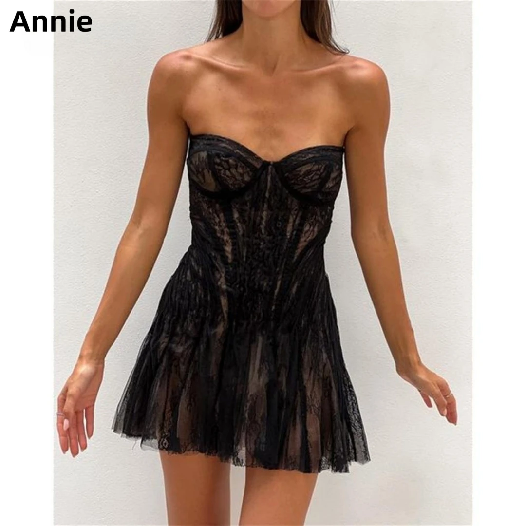 

Annie Lace Appliqué Prom Dresses Sexy Strapless Party Dresses Mini skirt Evening Dress Black Cocktail 2023 فساتين سهرة عربية