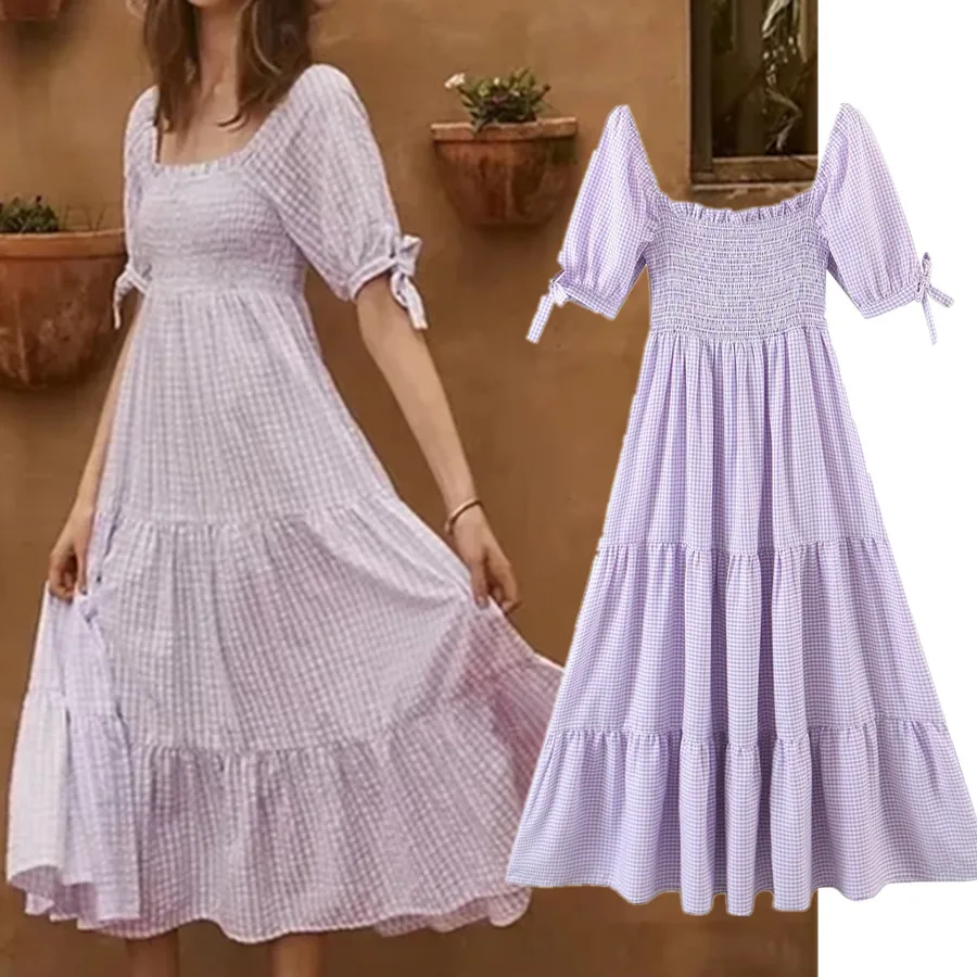 

Dave&Di France Style Indie Folk Vintage Square Collar Cotton Purple Plaid Sheath Cascading Party Maxi Summer Dress Women