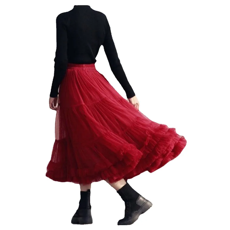 

New Burgundy Ankle Length Tulle Skirts For Women Girl Student Elastic Waistline Puffy Tutu Skirt Female Adult Fairy Mesh Skirt