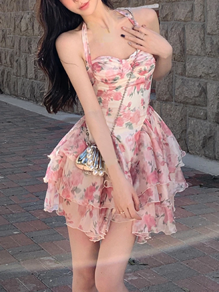 

Милое цветочное мини-платье Y2k, женское пикантное корейское модное платье на бретелях, повседневное короткое платье без рукавов, женское пляжное платье, лето 2023