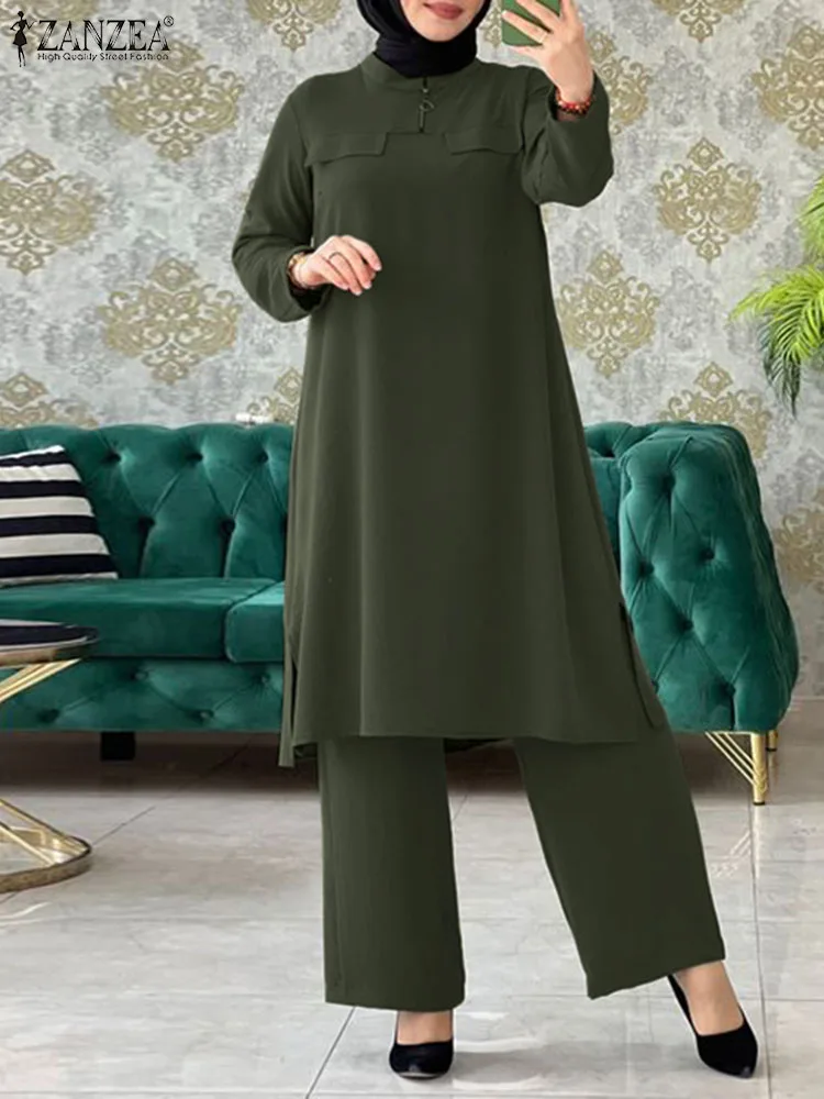 

Turkey Abayas Muslim Full Sleeve Blouse +Wide Leg Pants ZANZEA Women Elegant Outfits Isamic Ramadan Middle Eastern Pant Sets