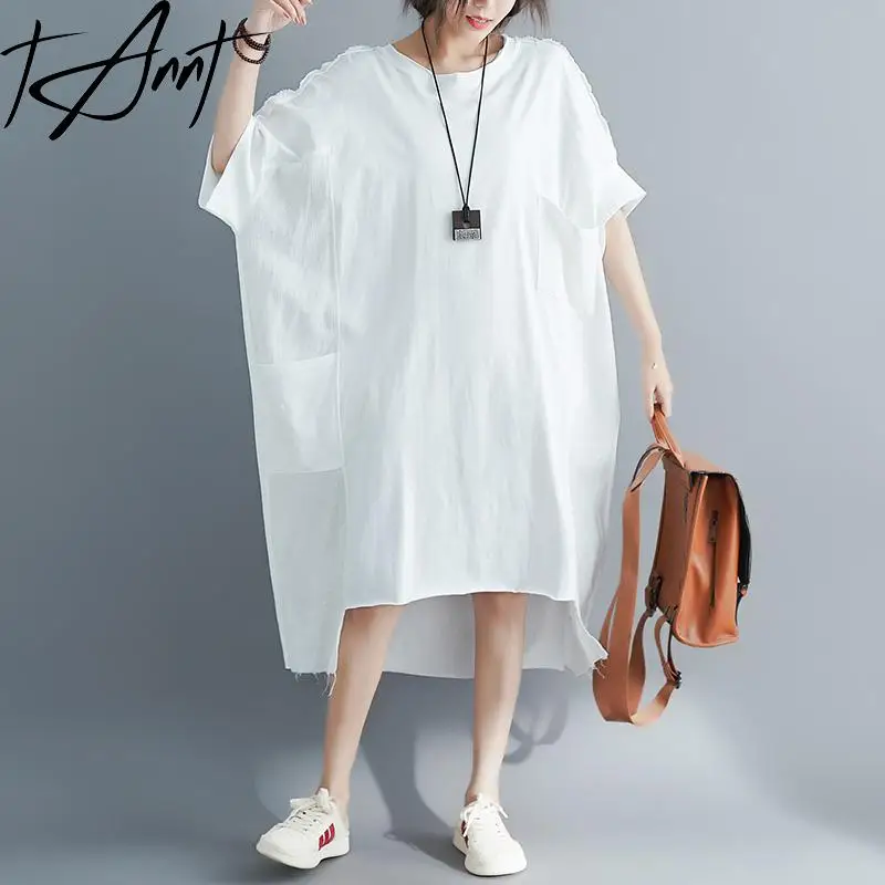 

Tannt Women Dress Batwing Sleeve Asymmetry Black White T-shirt Dresses Irregular Loose Casual Oversize Long Dresses Summer 2023