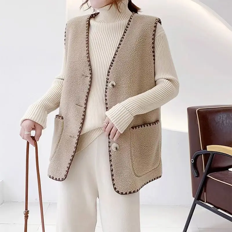 

Women Sleeveless Lamp Wool Loose Jackets Waistcoat Female Warm Fleece Vest Pockets Outerwear Ladies Mujer Jackets Vests G289