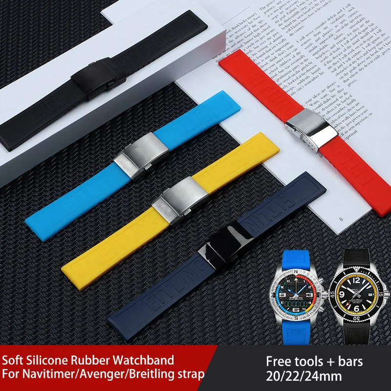 

Zachte Natuur Silicone Rubber Horloge Band 20Mm 22Mm 24Mm Horlogeband Armband Voor Navitimer/Avenger/Breitling band Vouwen Gesp