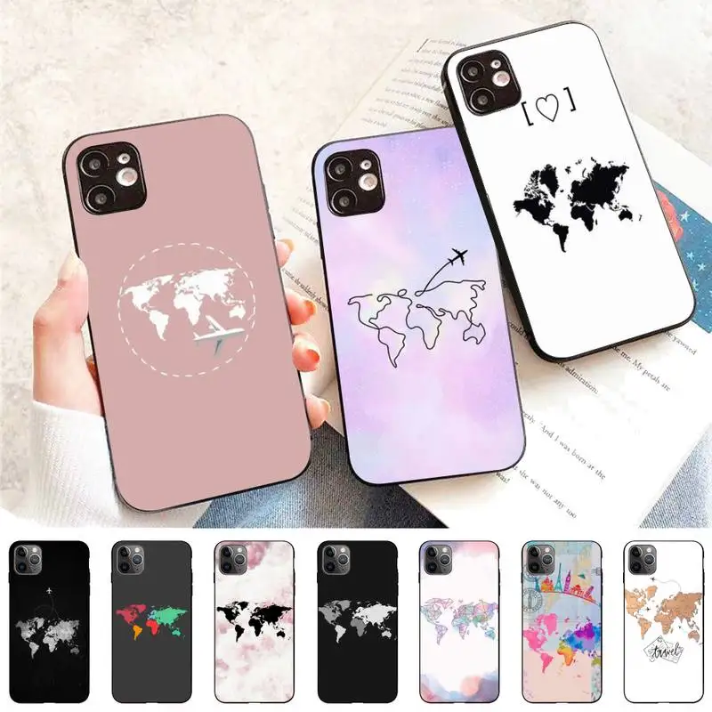 

FHNBLJ World Map Phone Case for iPhone 11 12 13 Mini Pro Max 8 7 6 6S Plus X 5 SE 2020 XR XS Funda Case