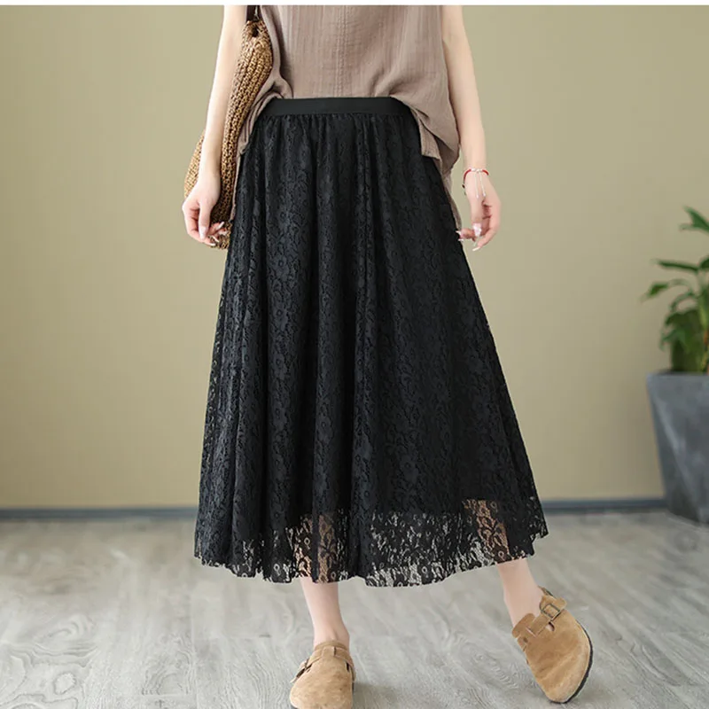 Женская летняя Свободная юбка трапециевидная длинная ажурная Двухслойная с