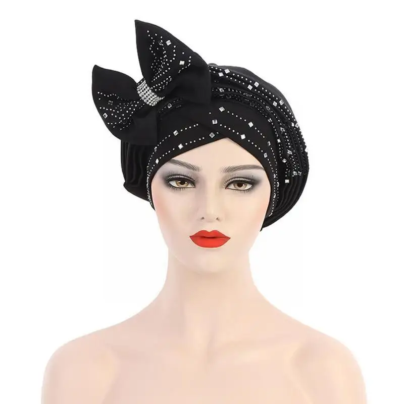 

2021 New Fashion African Headtie Diamonds Wedding Party Gele Headwrap Women Bow-tie Headscarf Instand Turban Muslim Hijab C J3F3
