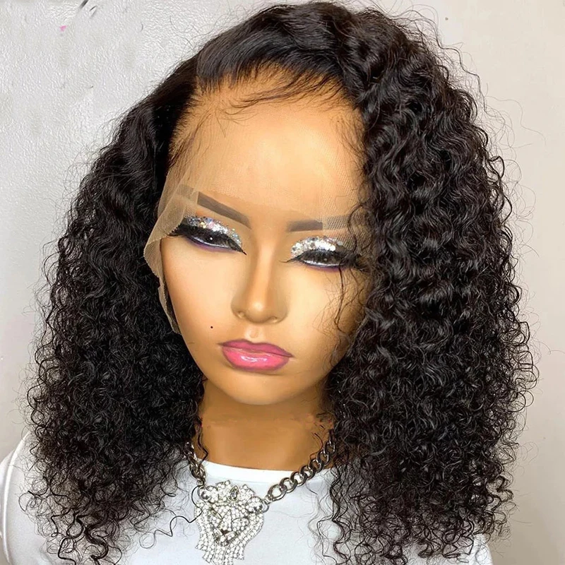 200Density 26Inch Black Kinky Curly Side Part Glueless Lace Front Wig For Women With Baby Hair Natural Hairline High Temperature