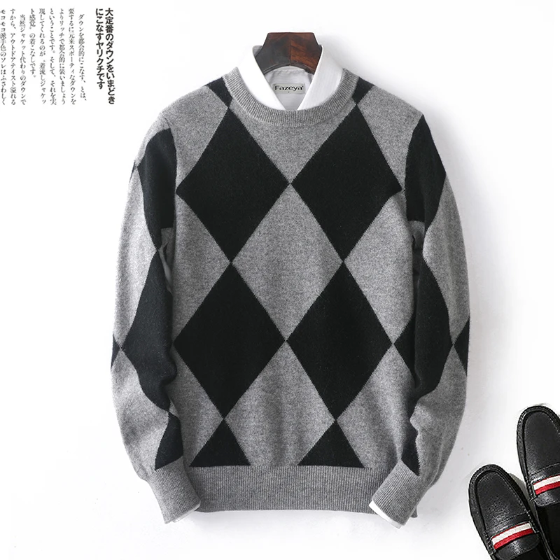 100% Merino Cashmere Sweater Men's Round neck Pullover Stitching Fashion Pullover Autumn and Winter Thick Knitted Large Size Top