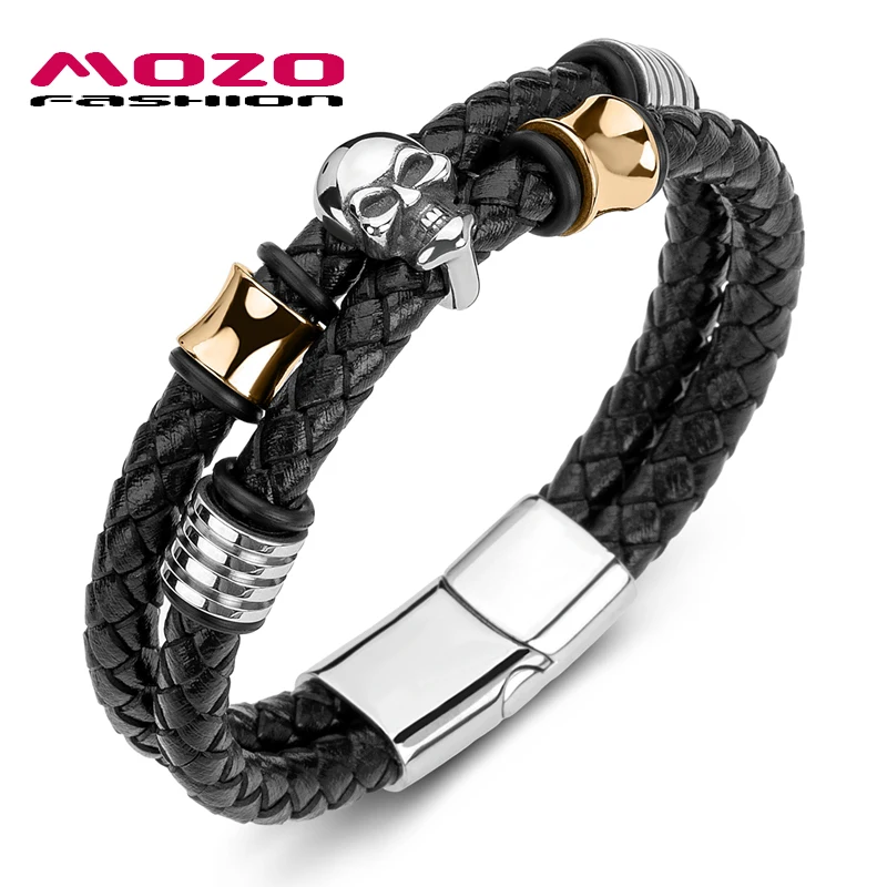 

MOZO FASHION 2023 Men Bracelet Braided Leather Rope Chain Stainless Steel Skull Punk Bangle Skeleton Jewelry Trendy Gifts Boy