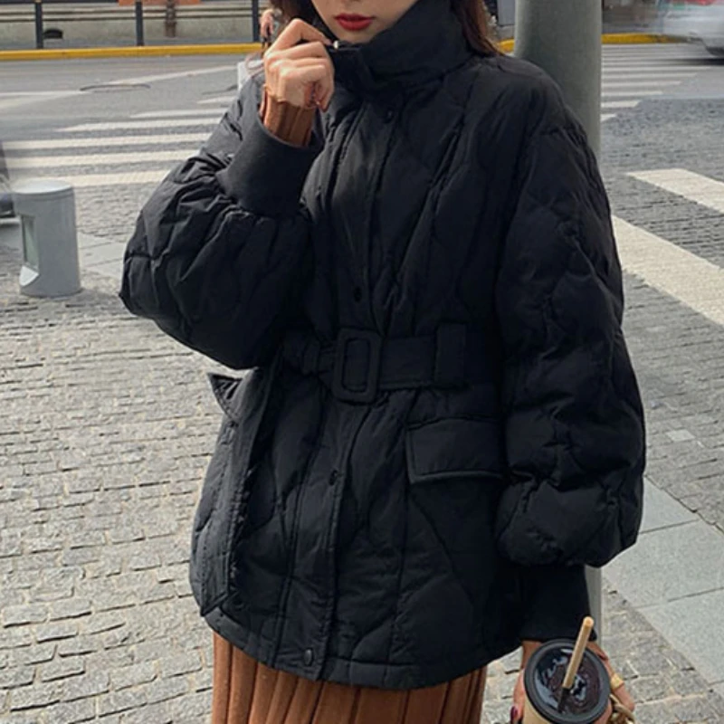 Autumn Winter New Stand Collar Solid Casual Velvet Overcoat Women's Fashion Short Lightweight Waist Tie Warm Down Jackets Coats