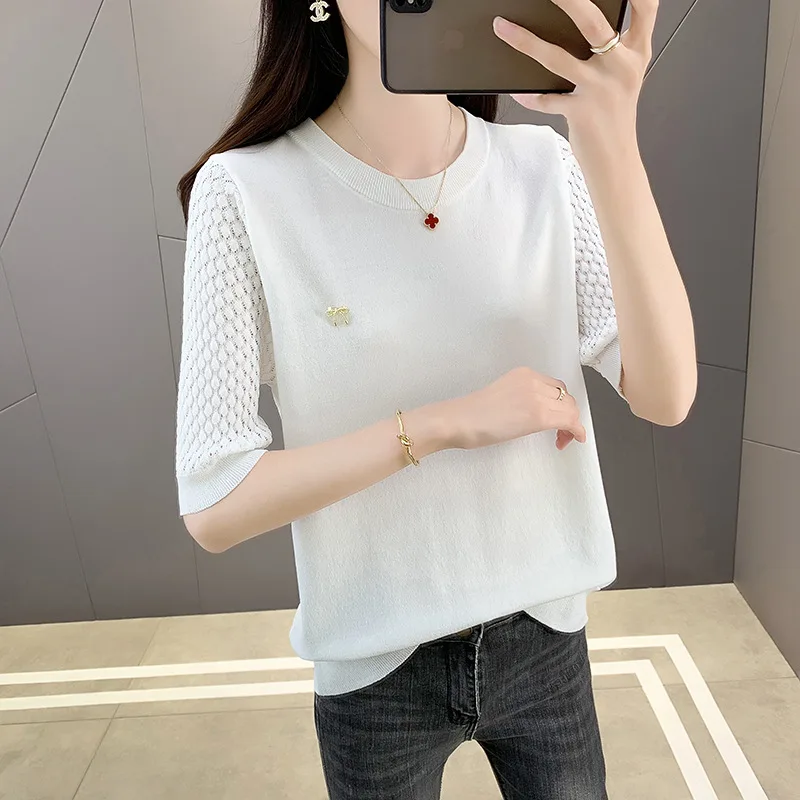 

Solid Color Hollow Short Sleeve Knitwear T-shirt Women's Summer 2023 New Graceful Loose Tops Wholesale