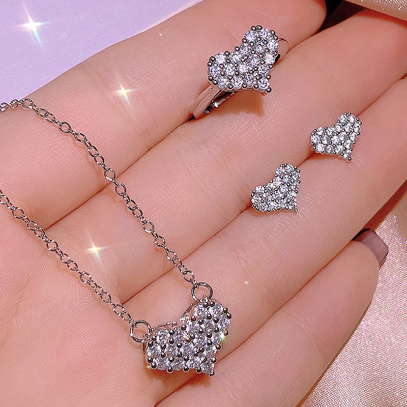 

Uilz 2022 Luxury Silver Color Heart Shape Zircon Crystal Jewelry Set for Women Drop Earrings Ring Necklace Bracelet Sets Gift