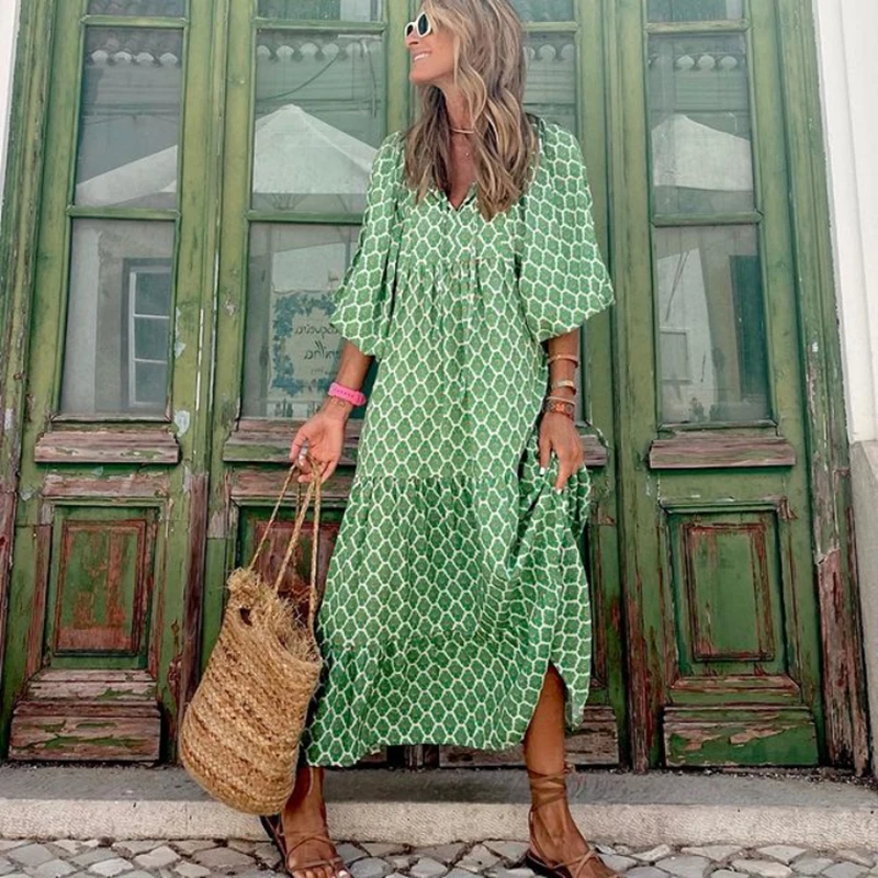 

OEING Sleeve Boho Maxi Dress Elegant Women Summer 2022 Casual Floral Drawstring V-Neck Loose Holiday Beach Dresses Vestidos