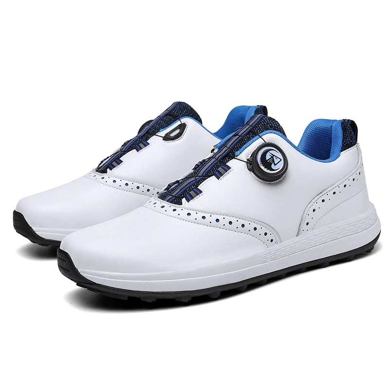 Men Golf Shoes Waterproof Leather Golfer Sports Shoes Knob Quick Lacing Golf Sneakers Women Comfortable Walking Golfing Footwear
