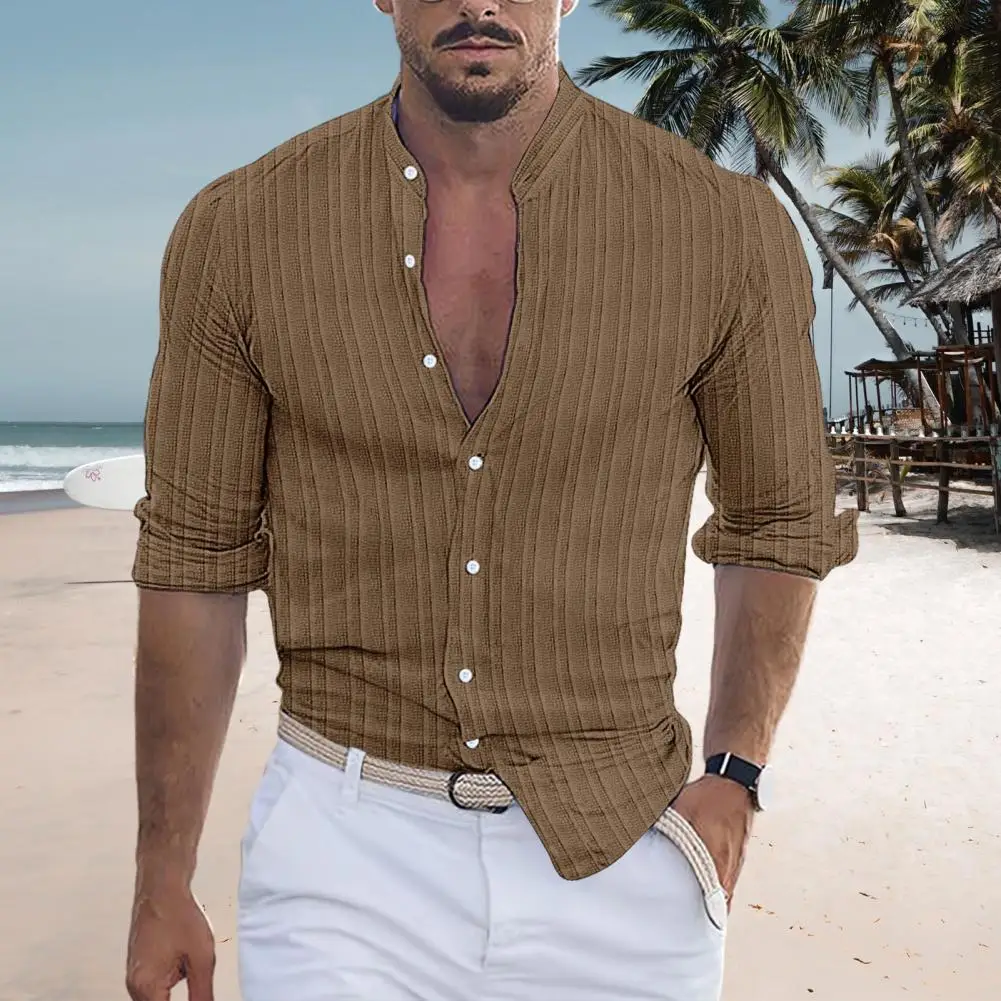 

Рубашка мужская приталенная с воротником-стойкой, деловая дышащая мягкая с длинными рукавами, сорочка с длинным рукавом, стильная, весна-осень