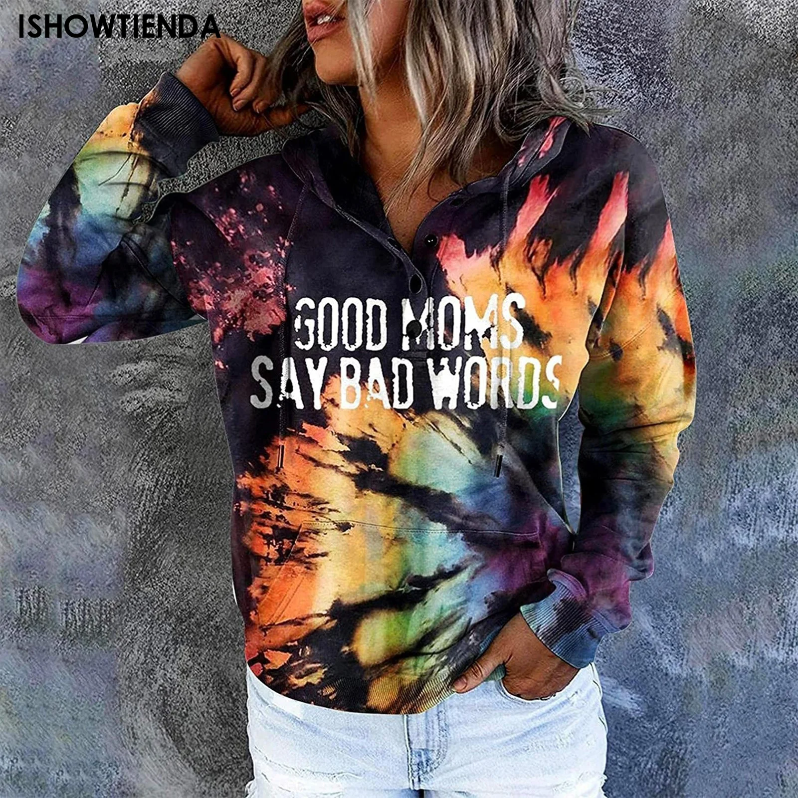 

Women Casual Tie Dye Printed Hoodies Top Autumn Thin Long Sleeve Sweater Blouse Lady Daily Pocket Draw String Hooded Sweatshirts