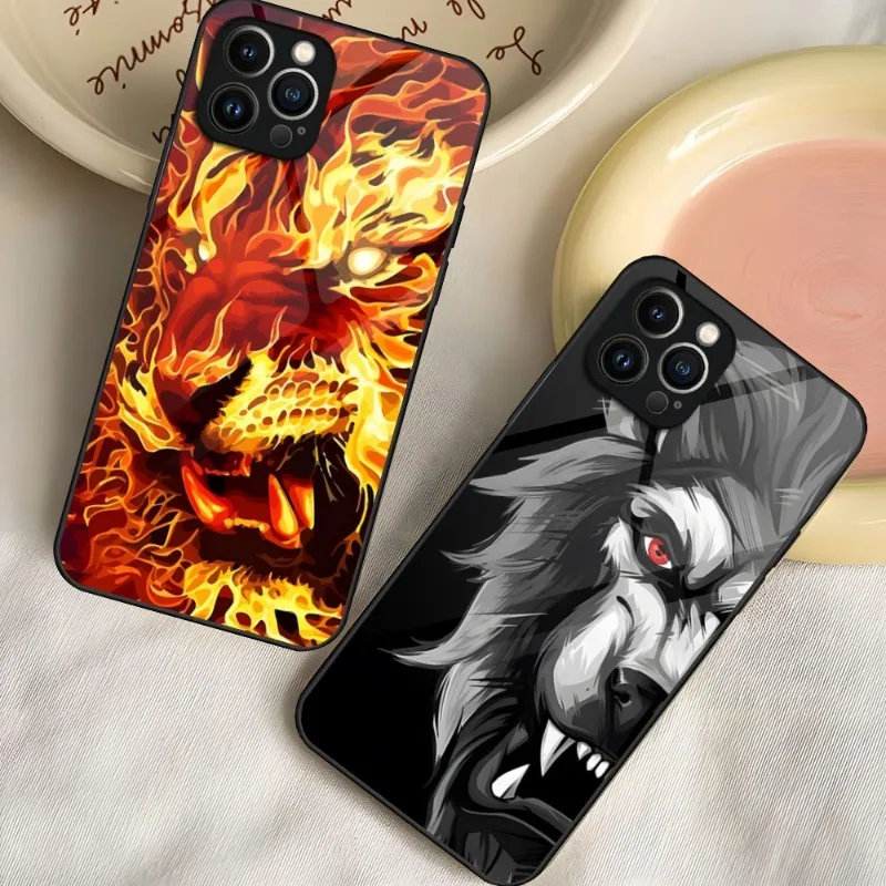 

Animal Lion Tiger Wolf Phone Case For IPhone 14 Pro 13 12 11 Mini X XS XR Max 6 8 7 Plus SE 2020 2022 Glass Design Cove