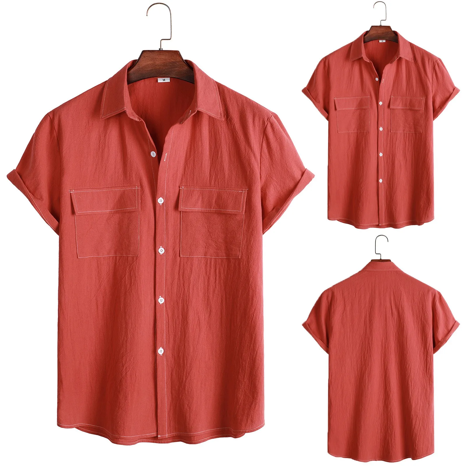 

Men's Spring And Summer Top Shirt Solid Casual Lapel Large Size Beach Tops Vacation Single-pocket Short-sleeved One Sleeve Shirt